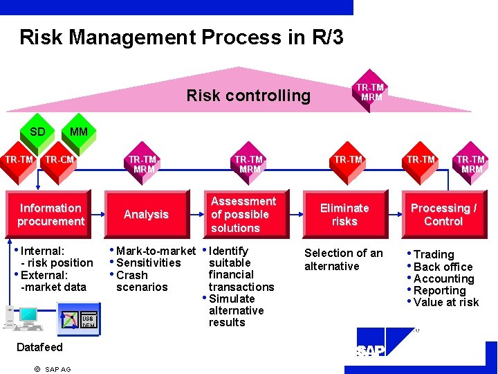 Risk Management Process in R/3 Risk controlling SD TR-TM MM TR-CM TR-TMMRM Information procurement