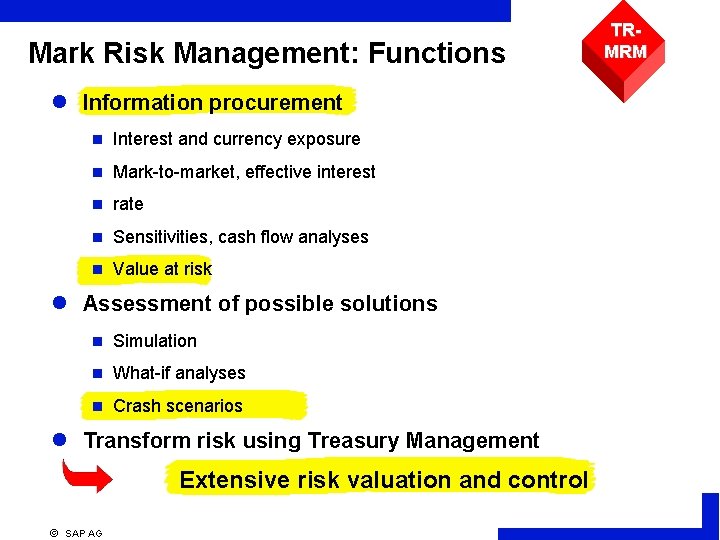 TRMRM Mark Risk Management: Functions l Information procurement n Interest and currency exposure n