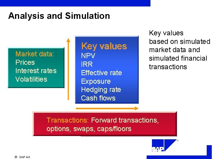 Analysis and Simulation Market data: Prices Interest rates Volatilities Key values NPV IRR Effective