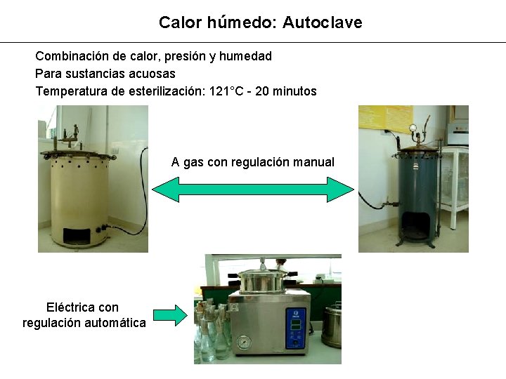 Calor húmedo: Autoclave Combinación de calor, presión y humedad Para sustancias acuosas Temperatura de