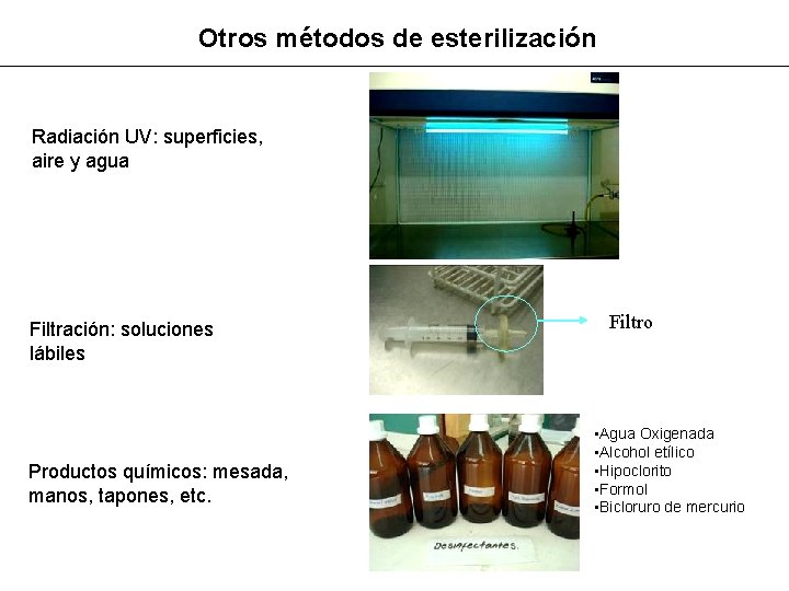 Otros métodos de esterilización Radiación UV: superficies, aire y agua Filtración: soluciones lábiles Productos