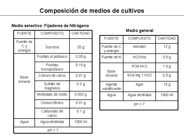 Composición de medios de cultivos Medio selectivo: Fijadores de Nitrógeno FUENTE Fuente de Cy
