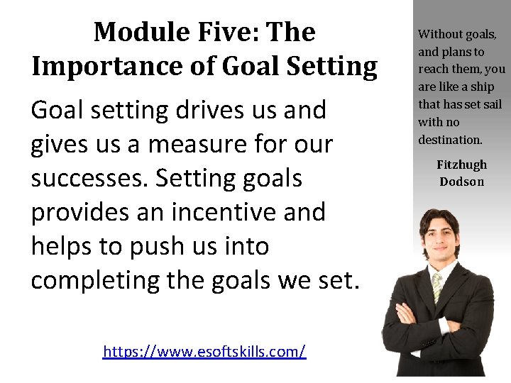 Module Five: The Importance of Goal Setting Goal setting drives us and gives us