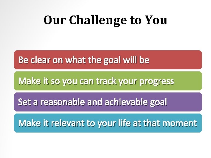 Our Challenge to You Be clear on what the goal will be Make it