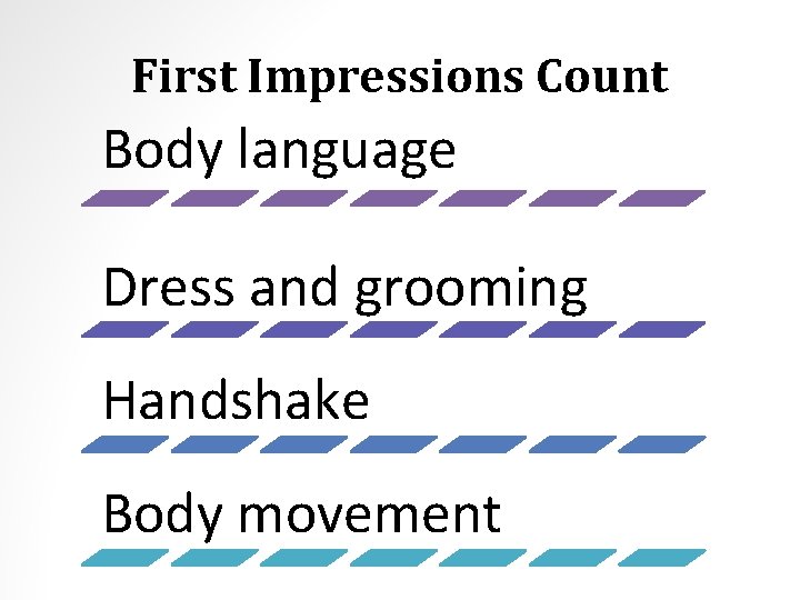 First Impressions Count Body language Dress and grooming Handshake Body movement 