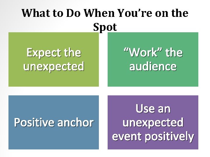 What to Do When You’re on the Spot Expect the unexpected “Work” the audience