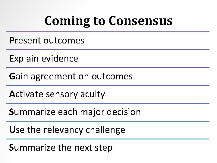 Coming to Consensus Present outcomes Explain evidence Gain agreement on outcomes Activate sensory acuity