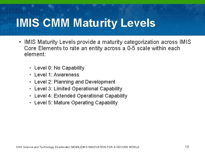 IMIS CMM Maturity Levels • IMIS Maturity Levels provide a maturity categorization across IMIS