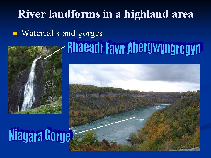 River landforms in a highland area n Waterfalls and gorges 