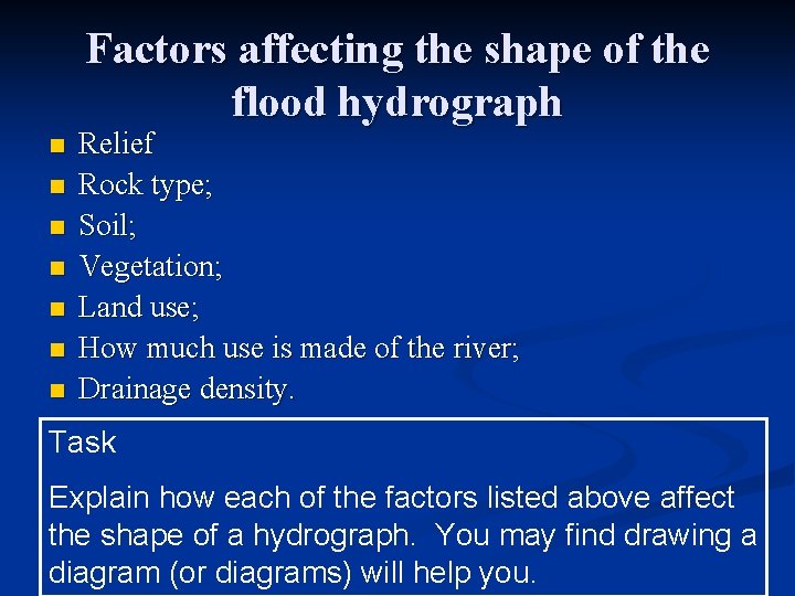 Factors affecting the shape of the flood hydrograph n n n n Relief Rock