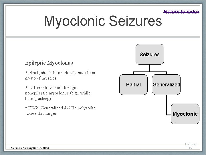 Myoclonic Seizures Return to index Seizures Epileptic Myoclonus Brief, shock-like jerk of a muscle