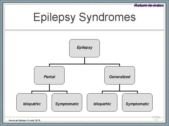 Return to index Epilepsy Syndromes Epilepsy Partial Idiopathic American Epilepsy Society 2015 Generalized Symptomatic