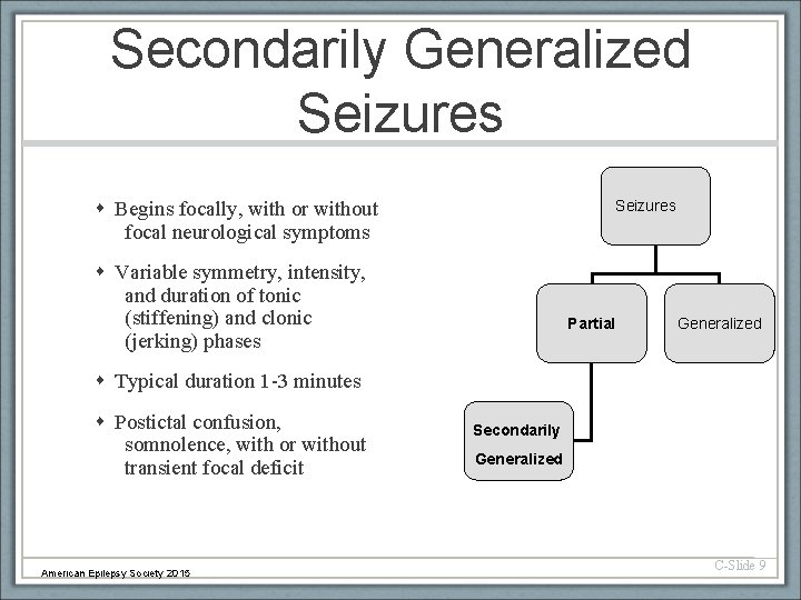 Secondarily Generalized Seizures Begins focally, with or without focal neurological symptoms Seizures Variable symmetry,