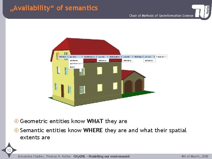„Availability“ of semantics Chair of Methods of Geoinformation Science Geometric entities know WHAT they