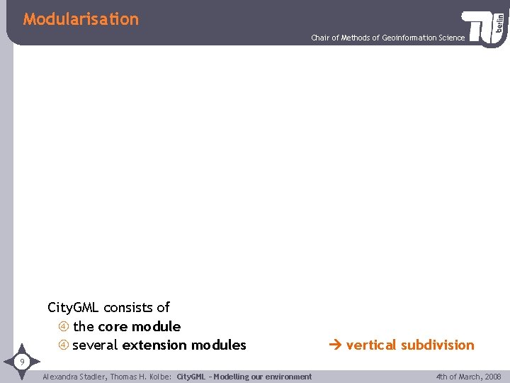 Modularisation Chair of Methods of Geoinformation Science City. GML consists of the core module