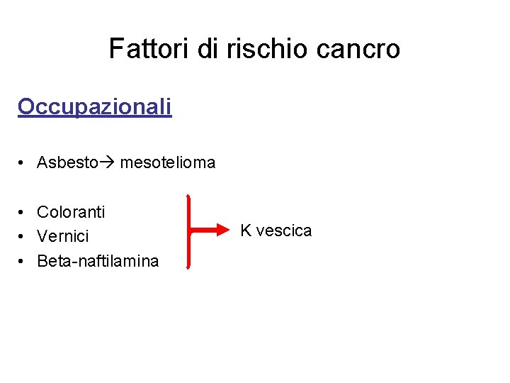 Fattori di rischio cancro Occupazionali • Asbesto mesotelioma • Coloranti • Vernici • Beta-naftilamina