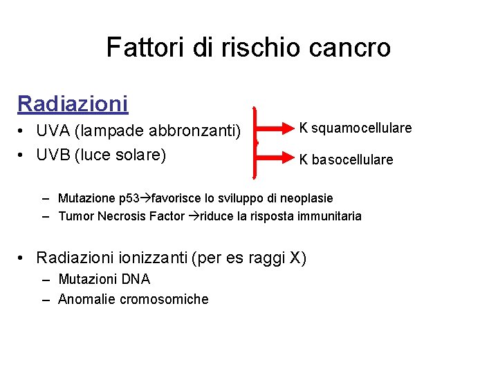 Fattori di rischio cancro Radiazioni • UVA (lampade abbronzanti) • UVB (luce solare) K