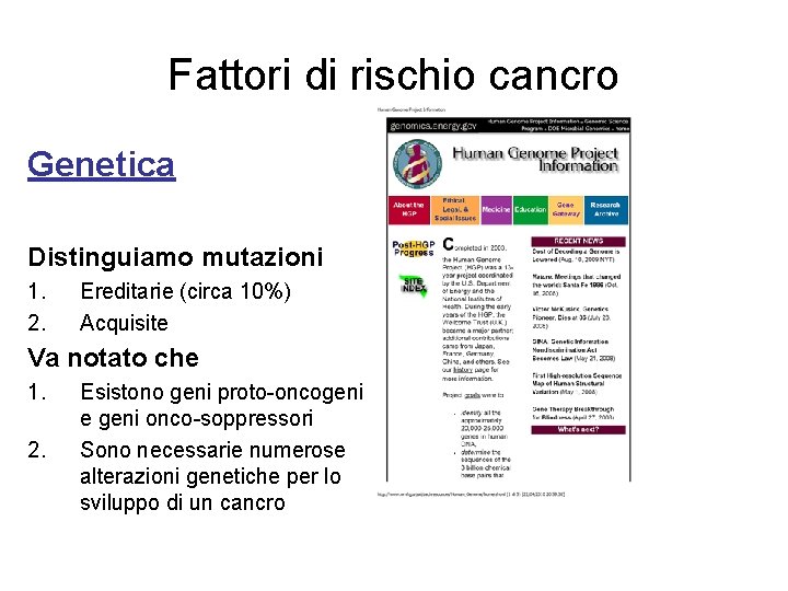 Fattori di rischio cancro Genetica Distinguiamo mutazioni 1. 2. Ereditarie (circa 10%) Acquisite Va