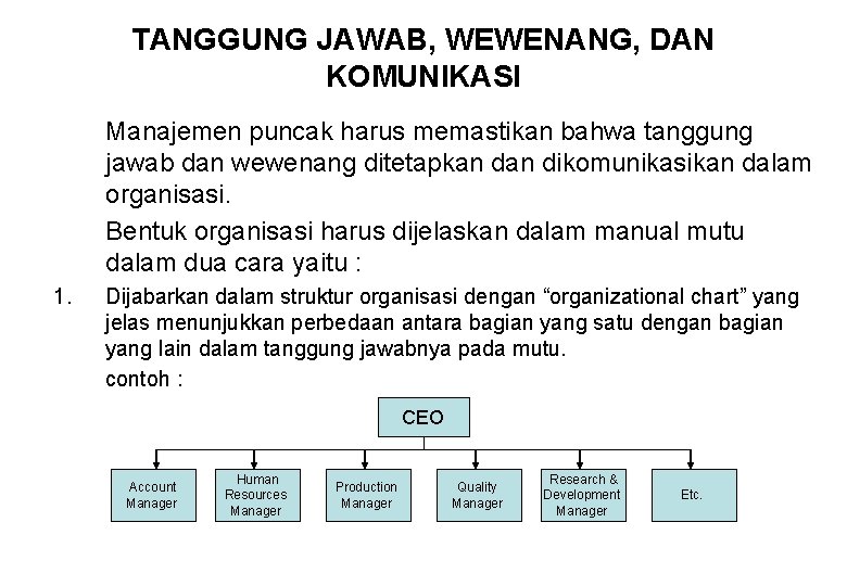 TANGGUNG JAWAB, WEWENANG, DAN KOMUNIKASI Manajemen puncak harus memastikan bahwa tanggung jawab dan wewenang