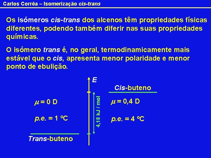 Carlos Corrêa – Isomerização cis-trans Os isómeros cis-trans dos alcenos têm propriedades físicas diferentes,