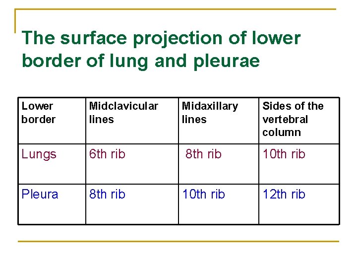 The surface projection of lower border of lung and pleurae Lower border Midclavicular lines