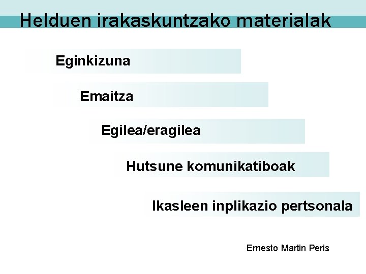 Helduen irakaskuntzako materialak Eginkizuna Emaitza Egilea/eragilea Hutsune komunikatiboak Ikasleen inplikazio pertsonala Ernesto Martin Peris