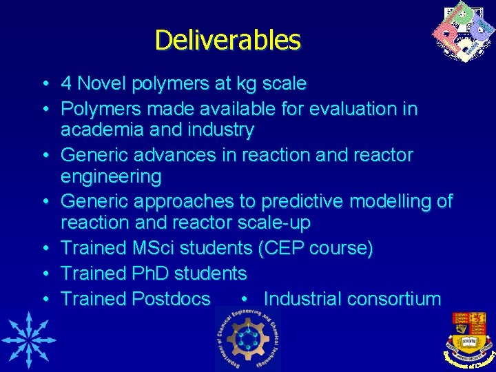 Deliverables • 4 Novel polymers at kg scale • Polymers made available for evaluation