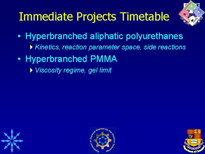 Immediate Projects Timetable • Hyperbranched aliphatic polyurethanes 4 Kinetics, reaction parameter space, side reactions