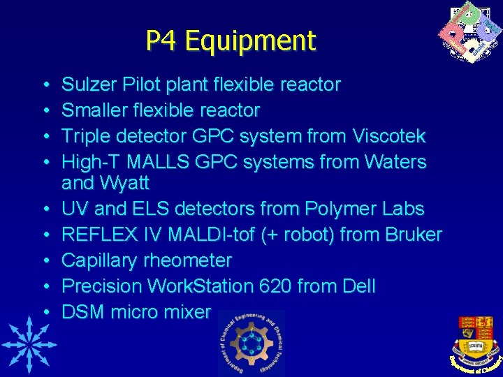 P 4 Equipment • • • Sulzer Pilot plant flexible reactor Smaller flexible reactor