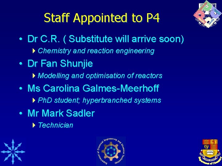 Staff Appointed to P 4 • Dr C. R. ( Substitute will arrive soon)