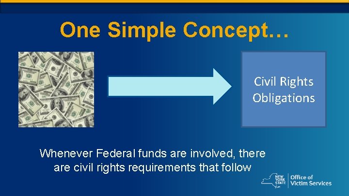 One Simple Concept… Civil Rights Obligations Whenever Federal funds are involved, there are civil