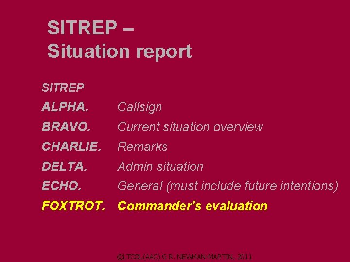 SITREP – Situation report SITREP ALPHA. Callsign BRAVO. Current situation overview CHARLIE. Remarks DELTA. SITREP – Situation report SITREP ALPHA. Callsign BRAVO. Current situation overview CHARLIE. Remarks DELTA.