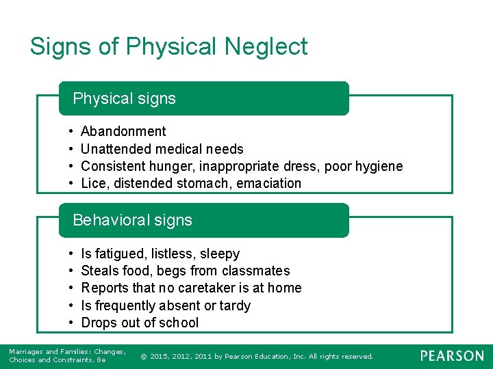 Signs of Physical Neglect Physical signs • • Abandonment Unattended medical needs Consistent hunger,