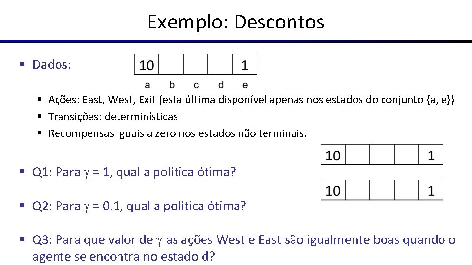 Exemplo: Descontos § Dados: § Ações: East, West, Exit (esta última disponível apenas nos