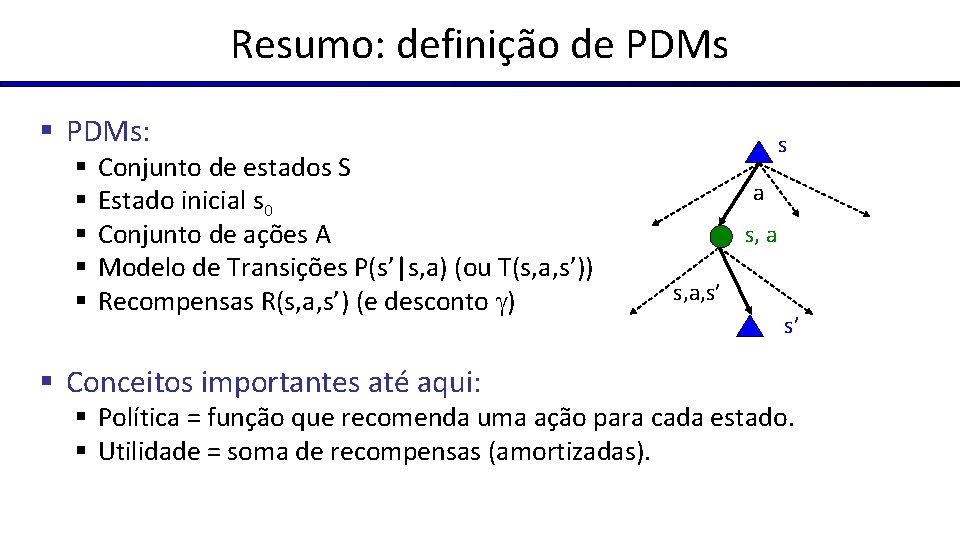 Resumo: definição de PDMs § PDMs: § § § Conjunto de estados S Estado