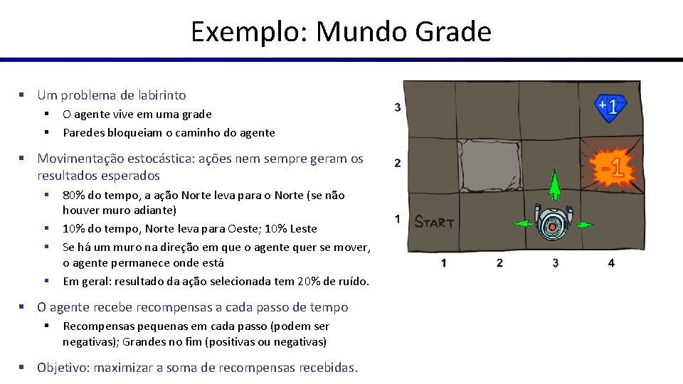 Exemplo: Mundo Grade § Um problema de labirinto § § O agente vive em