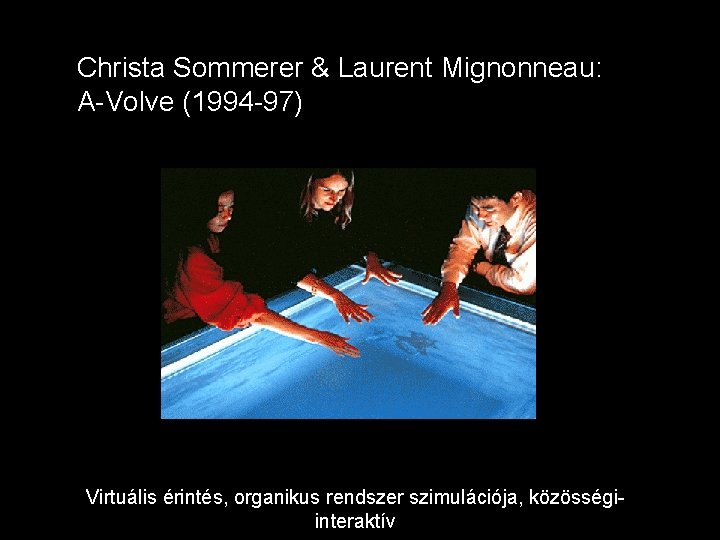 Christa Sommerer & Laurent Mignonneau: A-Volve (1994 -97) Virtuális érintés, organikus rendszer szimulációja, közösségiinteraktív