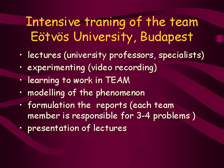 Intensive traning of the team Eötvös University, Budapest • • • lectures (university professors,