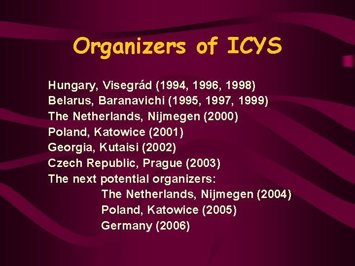 Organizers of ICYS Hungary, Visegrád (1994, 1996, 1998) Belarus, Baranavichi (1995, 1997, 1999) The