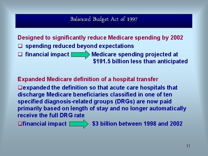 Balanced Budget Act of 1997 Designed to significantly reduce Medicare spending by 2002 q