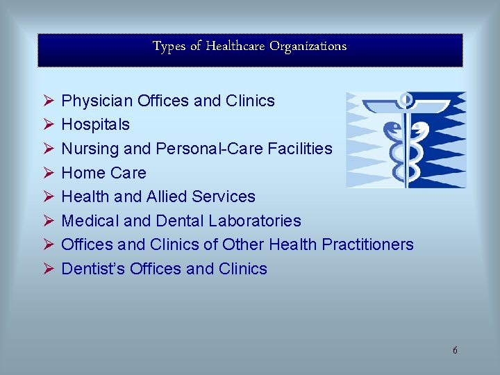 Types of Healthcare Organizations Ø Ø Ø Ø Physician Offices and Clinics Hospitals Nursing