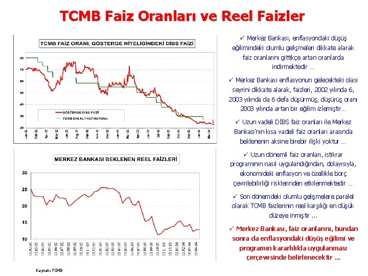 TCMB Faiz Oranları ve Reel Faizler ü Merkez Bankası, enflasyondaki düşüş eğilimindeki olumlu gelişmeleri