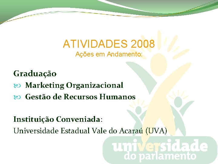 ATIVIDADES 2008 Ações em Andamento: Graduação Marketing Organizacional Gestão de Recursos Humanos Instituição Conveniada: