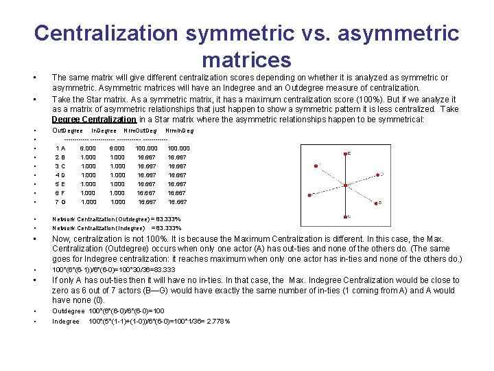 Centralization symmetric vs. asymmetric matrices • • The same matrix will give different centralization