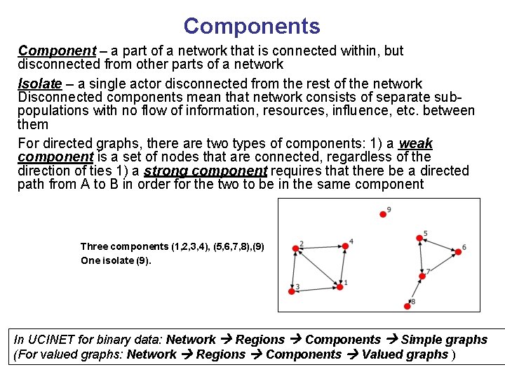 Components Component – a part of a network that is connected within, but disconnected