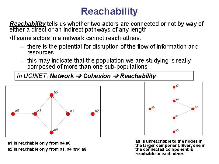 Reachability tells us whether two actors are connected or not by way of either