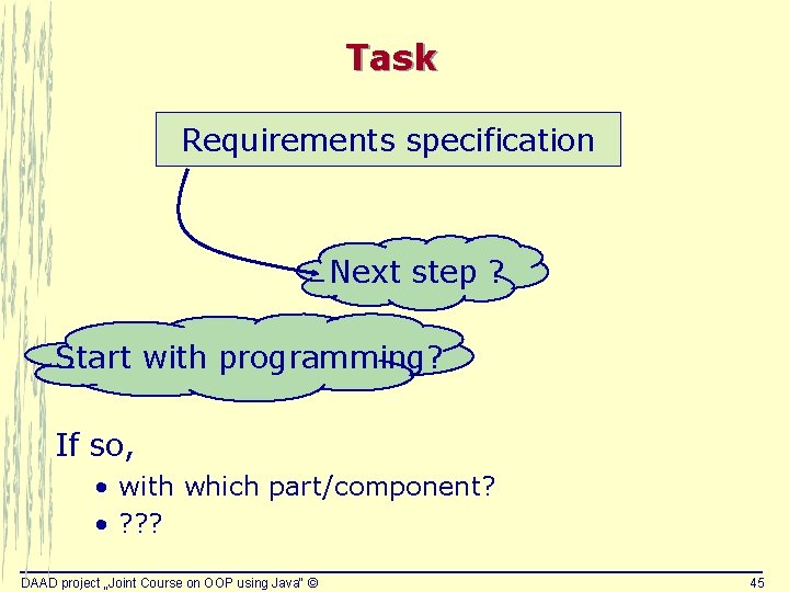 Task Requirements specification Next step ? Start with programming? If so, • with which Task Requirements specification Next step ? Start with programming? If so, • with which