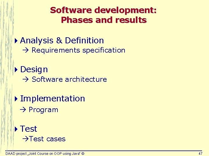 Software development: Phases and results 4 Analysis & Definition Requirements specification 4 Design Software Software development: Phases and results 4 Analysis & Definition Requirements specification 4 Design Software