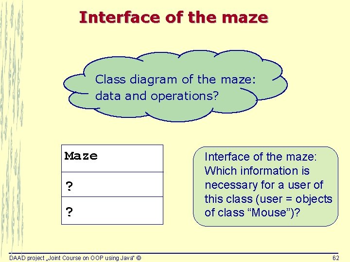 Interface of the maze Class diagram of the maze: data and operations? Maze ? Interface of the maze Class diagram of the maze: data and operations? Maze ?