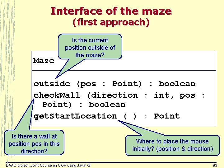 Interface of the maze (first approach) Maze Is the current position outside of the Interface of the maze (first approach) Maze Is the current position outside of the